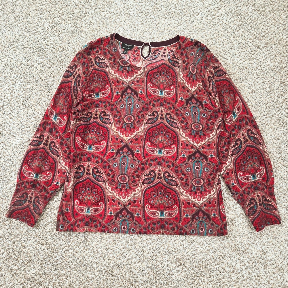 TALBOTS Sweater Women's LARGE PETITE Red Pure Merino Wool Long Sleeve PAISLEY